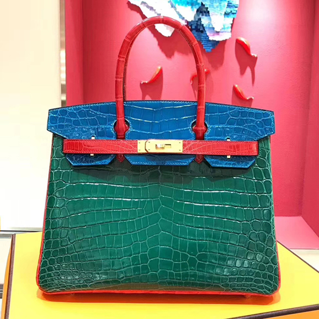 Hermes Birkin Bag 30cm Shiny Niloticus Crocodile Skin Bag Handstitched Palladium Hardware Green Blue Red