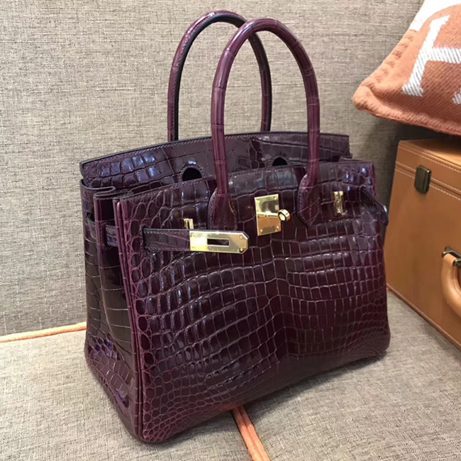 Hermes Birkin Bag 30cm Shiny Niloticus Crocodile Skin Bag Handstitched Palladium Hardware Raisin