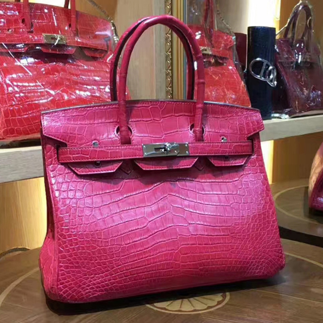 Hermes Birkin Bag 30cm Shiny Niloticus Crocodile Skin Bag Handstitched Palladium Hardware Rose Red