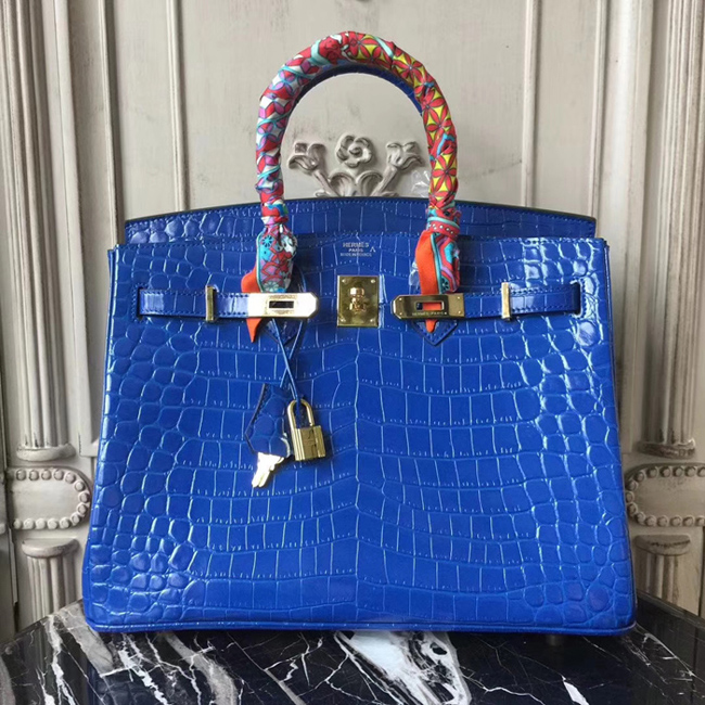 Hermes Birkin Bag 35cm Shiny Niloticus Crocodile Skin Bag Handstitched Palladium Hardware Blue