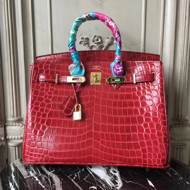 Hermes Birkin Bag 35cm Shiny Niloticus Crocodile Skin Bag Handstitched Palladium Hardware Burgundy