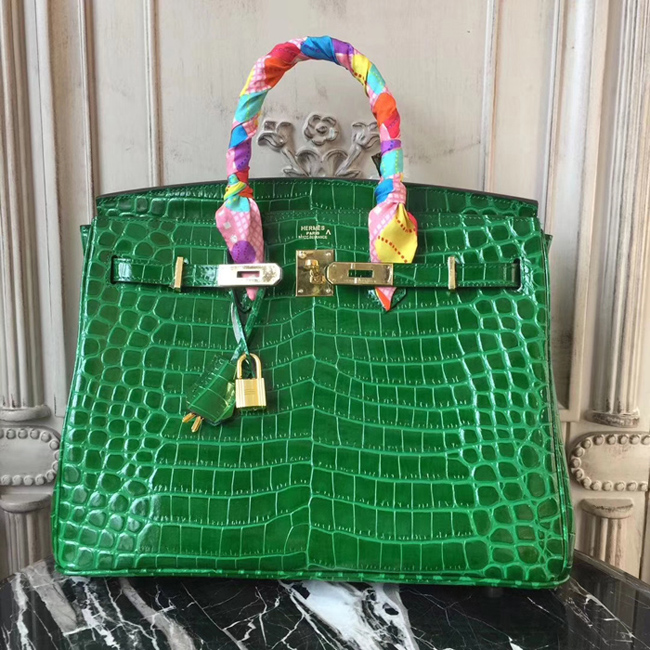 Hermes Birkin Bag 35cm Shiny Niloticus Crocodile Skin Bag Handstitched Palladium Hardware Green