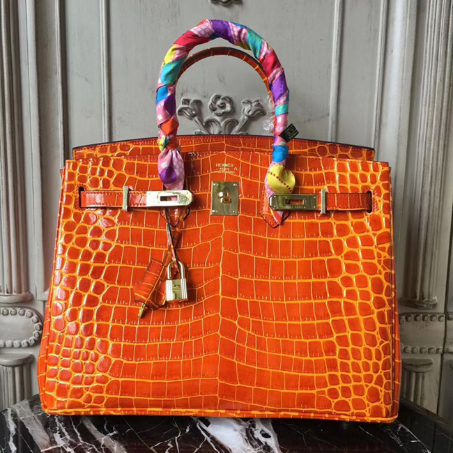 Hermes Birkin Bag 35cm Shiny Niloticus Crocodile Skin Bag Handstitched Palladium Hardware Orange