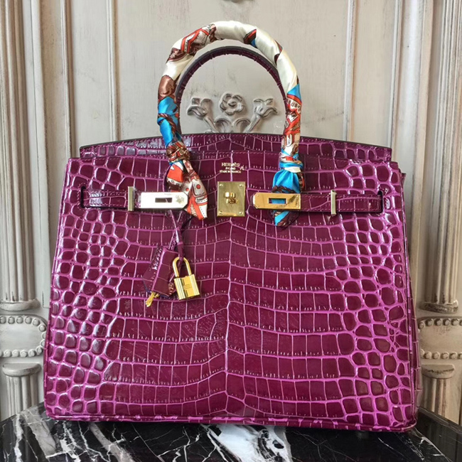 Hermes Birkin Bag 35cm Shiny Niloticus Crocodile Skin Bag Handstitched Palladium Hardware Purple