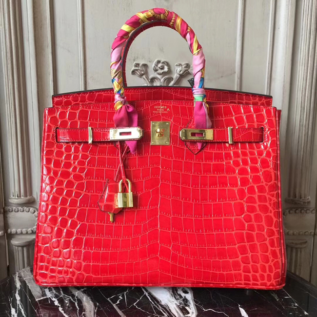 Hermes Birkin Bag 35cm Shiny Niloticus Crocodile Skin Bag Handstitched Palladium Hardware Red