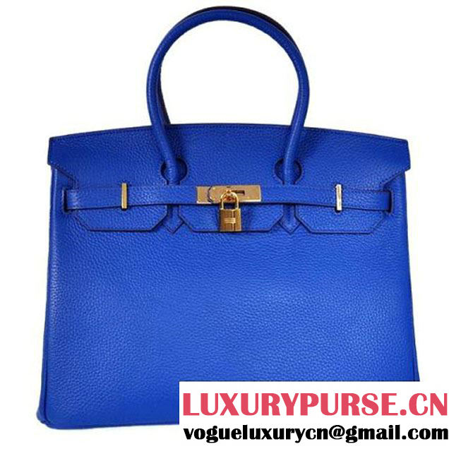 Hot Sell Hermes Birkin 35CM Blue Clemence Leather Tote Bag Gold