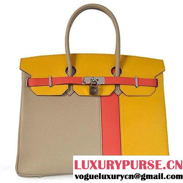 New Color Hermes Birkin 35CM Gry&Yellow&Red Clemence Calf Leather Tote Bag Silver