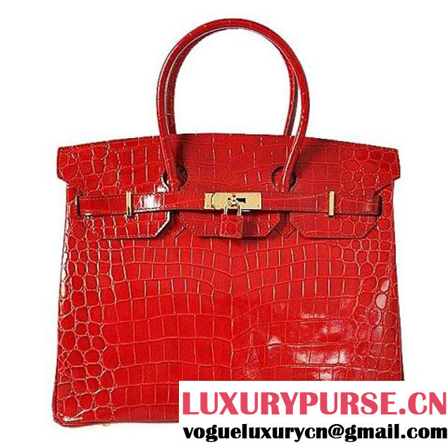 Hermes Birkin 35CM Red Shiny Croco Leather Tote Bag Gold