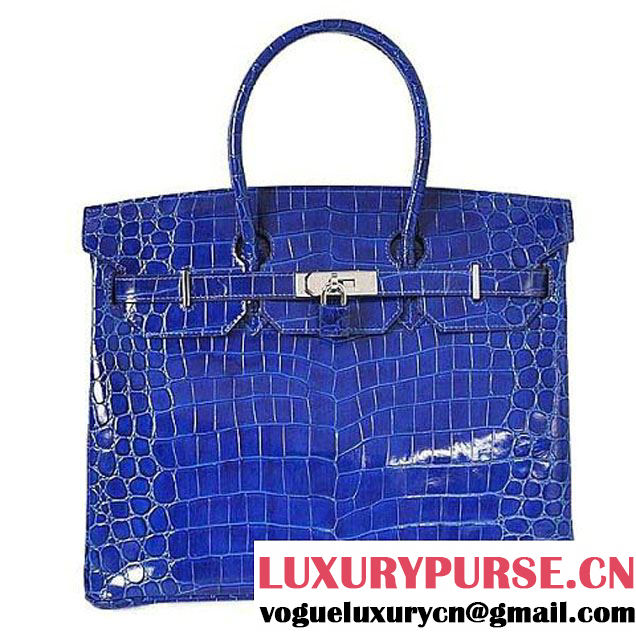 Hermes Birkin 35CM Blue Shiny Croco Leather Tote Bag Silver