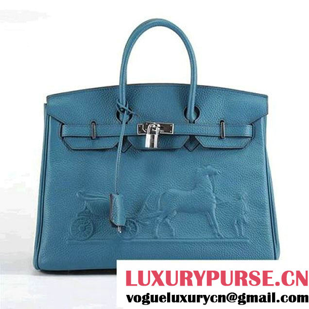 Hermes Birkin 35cm Horse-Drawn 6089 Blue Silver