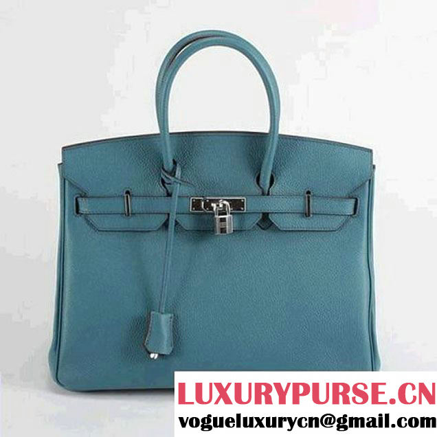 Hermes Birkin 35CM Smooth Leather Handbag 6089 Blue Silver