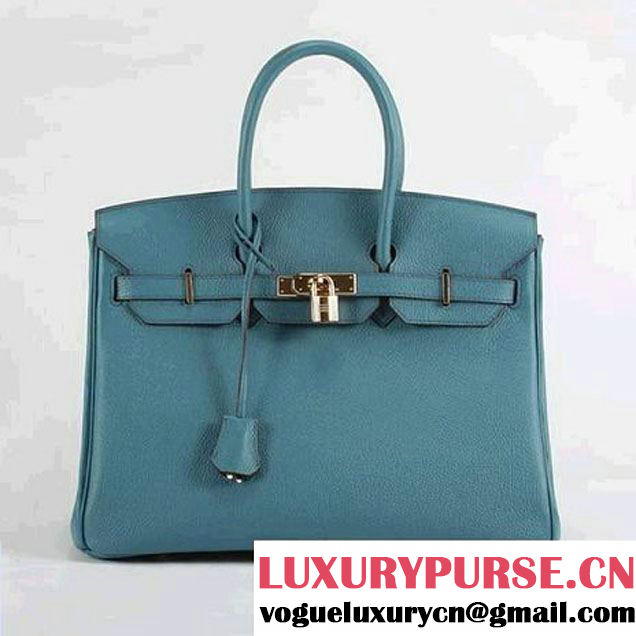 Hermes Birkin 35CM Smooth Leather Handbag 6089 Blue Golden