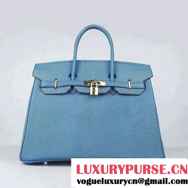 Hermes Birkin 35cm Pearl Veins Leather Bag Blue 6089 Gold Hardware