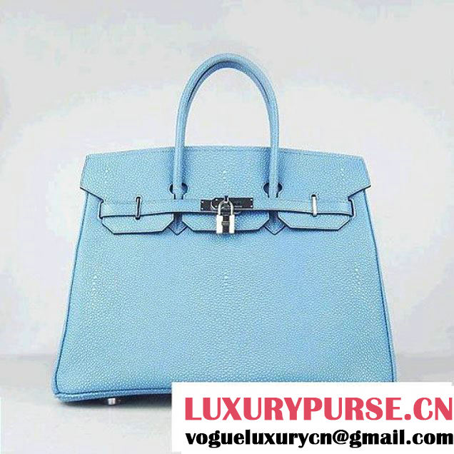 Hermes Birkin 35cm Pearl Veins Leather Bag Light Blue 6089 Silver Hardware