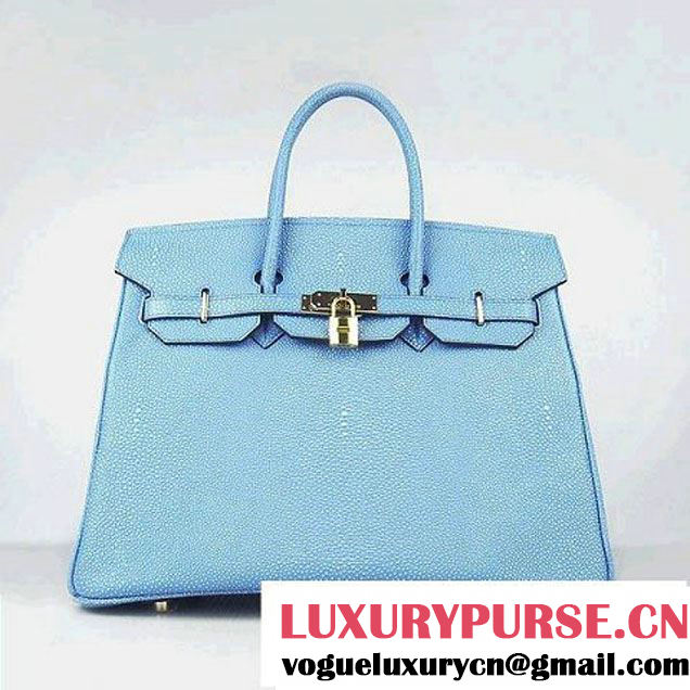 Hermes Birkin 35cm Pearl Veins Leather Bag Light Blue 6089 Gold Hardware