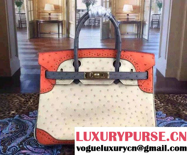 Hermes Ostrich Leather Birkin 30/35 Tricolor Bag Creamy/Orange/Black 2015