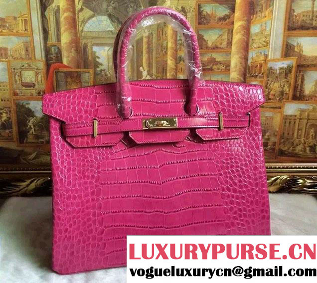 Hermes Birkin 30/35 Crocodile Pattern Leather Bag Fuchsia