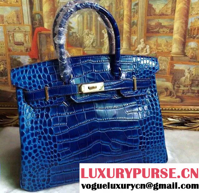 Hermes Birkin 30/35 Crocodile Pattern Leather Bag Blue