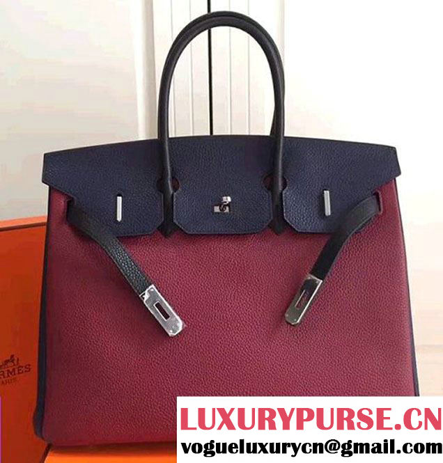 Hermes Mini Birkin 35cm Bag in Original Togo Leather Bag Burgundy/Dark Blue