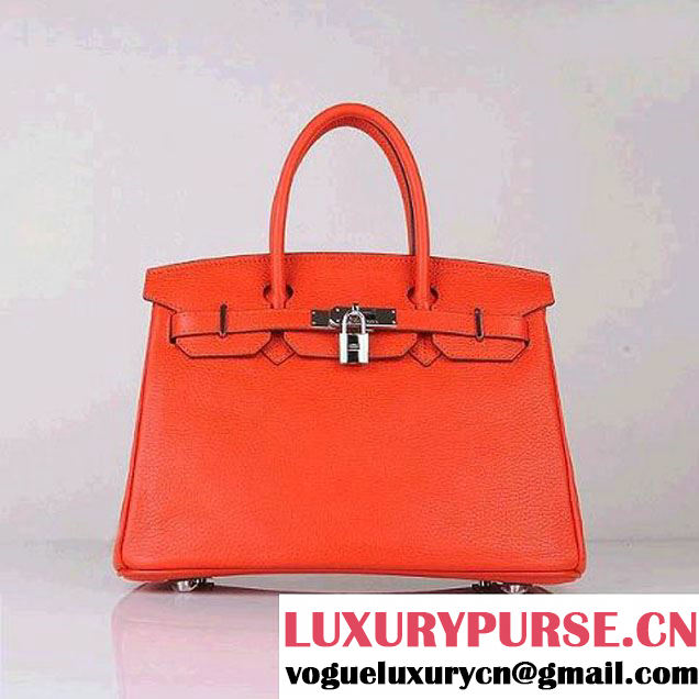 Hermes Birkin 30CM Tote Bags Orange Clemence Leather Silver