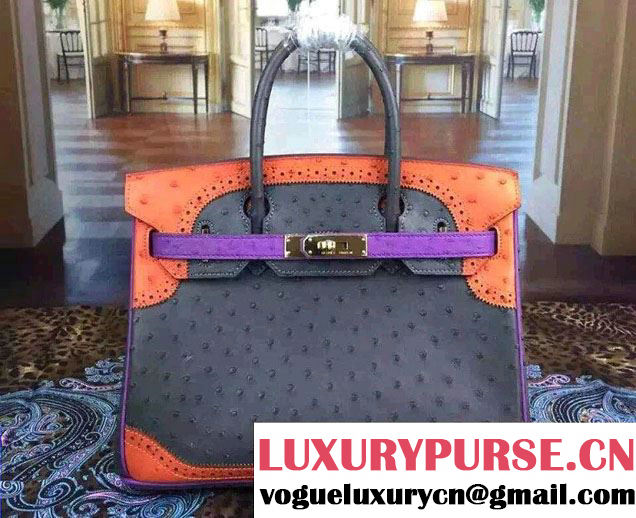 Hermes Ostrich Leather Birkin 30/35 Tricolor Bag Black/Orange/Purple 2015