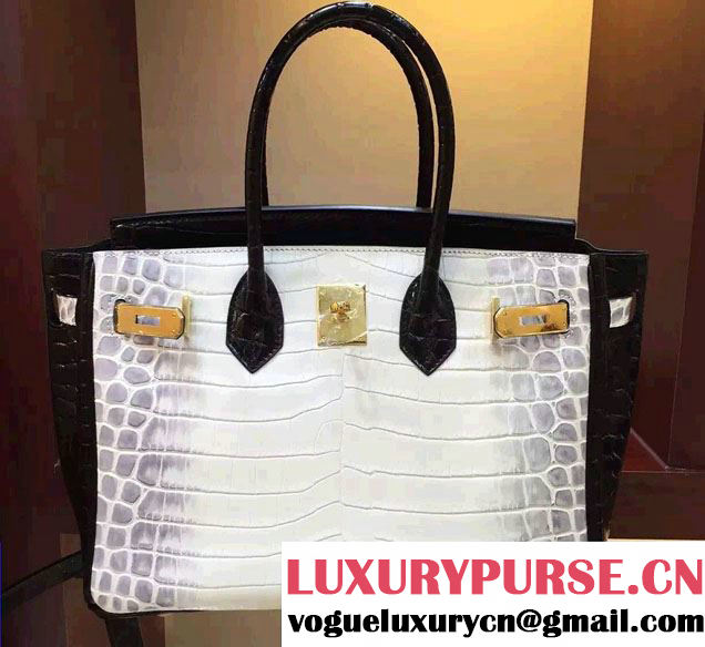 Hermes Birkin 30cm Crocodile Pattern Leather Bag Black/White 2016