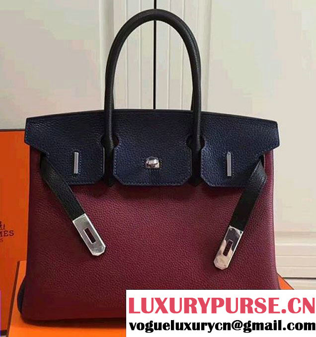 Hermes Mini Birkin 30cm Bag in Original Togo Leather Bag Burgundy/Dark Blue