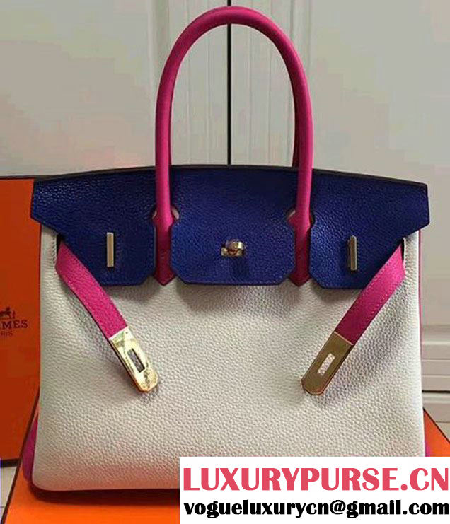 Hermes Mini Birkin 30cm Bag in Original Togo Leather Bag Milky/Blue