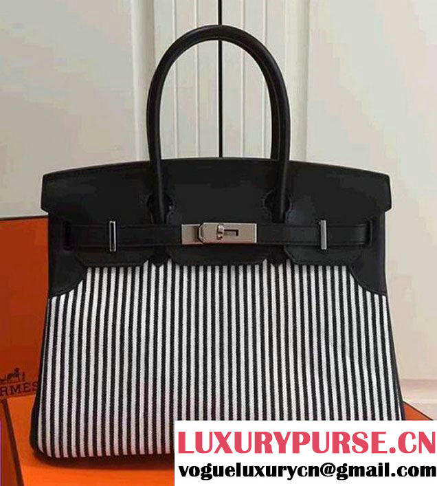 Hermes Mini Birkin 30cm Bag in Original Canvas Swift Leather Striped Black