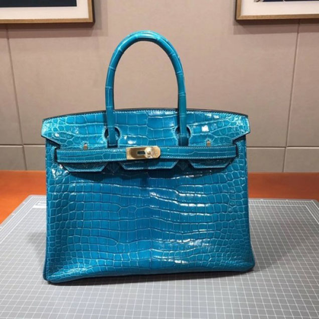 Hermes Birkin 30cm Shiny Niloticus Crocodile Skin Bag Handstitched Palladium Hardware, Blue Azteque 7M