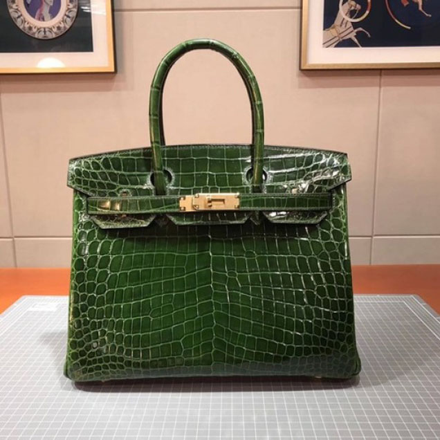 Hermes Birkin 30cm Shiny Niloticus Crocodile Skin Bag Handstitched Palladium Hardware, Vert Bengal 6Q