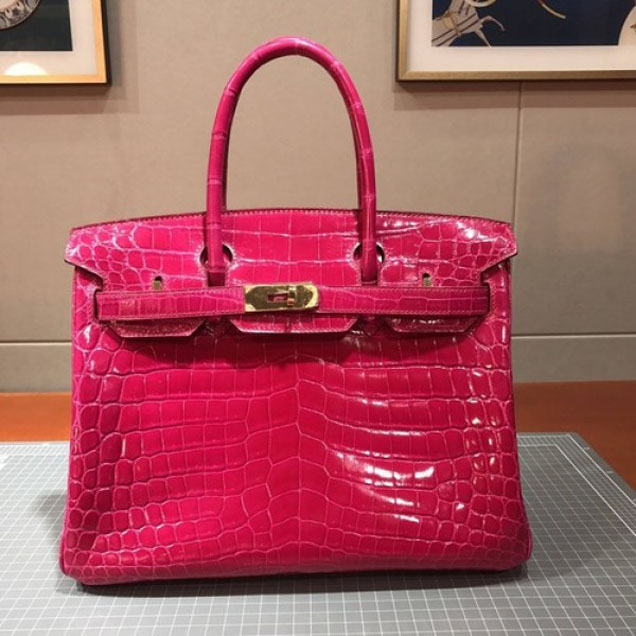 Hermes Birkin 30cm Shiny Niloticus Crocodile Skin Bag Handstitched Palladium Hardware, Rose Scheherazade J5