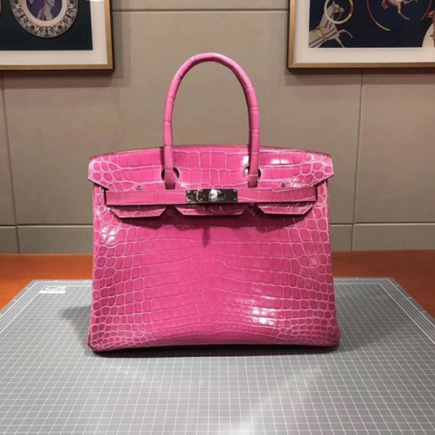 Hermes Birkin 30cm Shiny Niloticus Crocodile Skin Bag Handstitched Palladium Hardware, Rose Pink