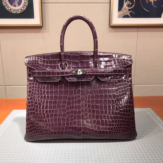 Hermes Birkin 30cm Shiny Niloticus Crocodile Skin Bag Handstitched Palladium Hardware, Raisin CK59