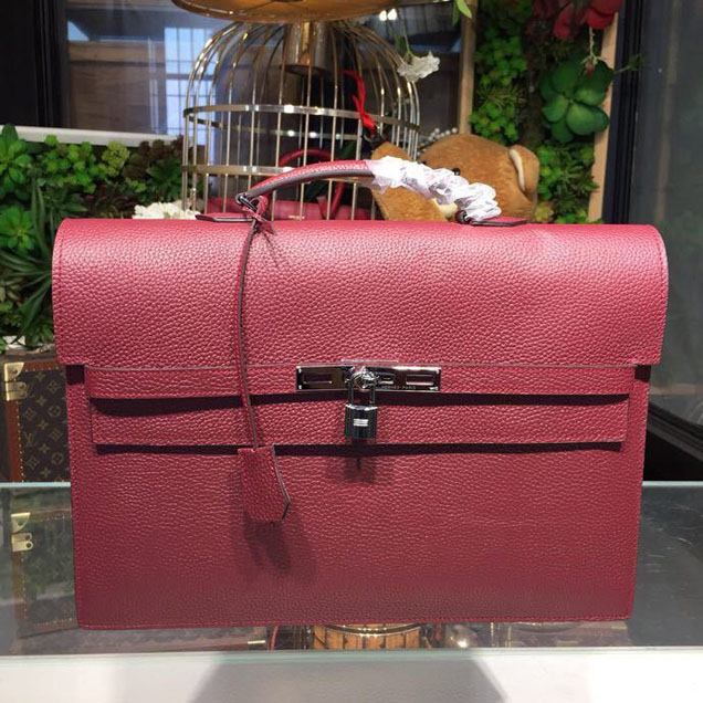 Hermes Kelly Depeche 38cm Briefcase Business Bag Togo Calfskin Leather Palladium Hardware Handstitched Burgundy