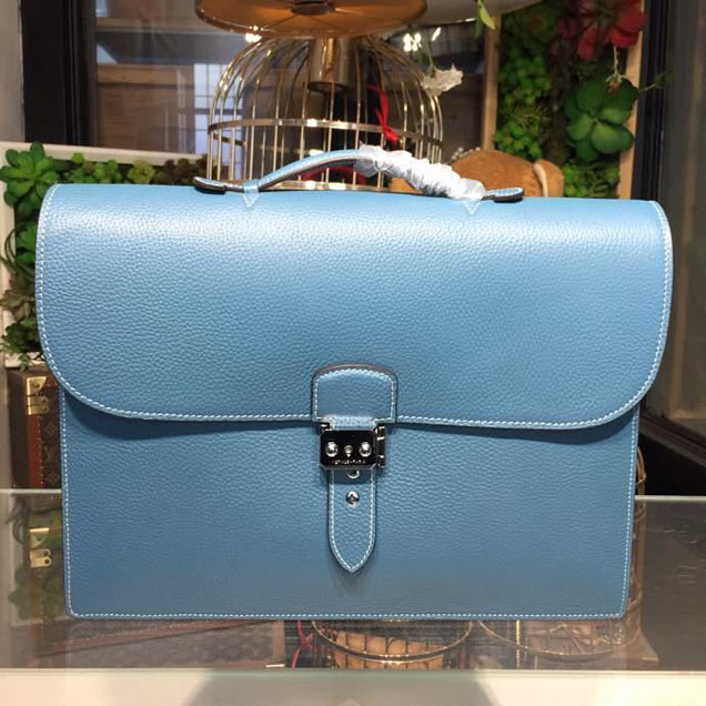 Hermes Sac a Depeche 38cm Briefcase Business Bag Togo Calfskin Leather Palladium Hardware Handstitched Blue Jean