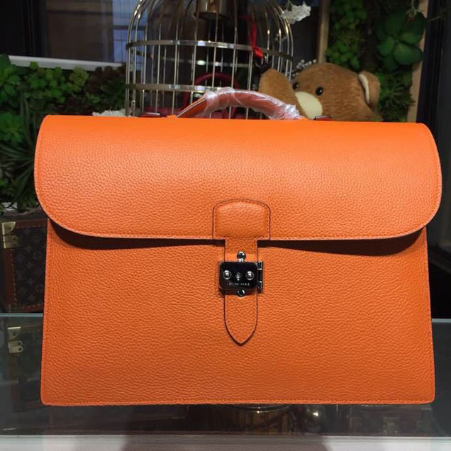 Hermes Sac a Depeche 38cm Briefcase Business Bag Togo Calfskin Leather Palladium Hardware Handstitched Orange