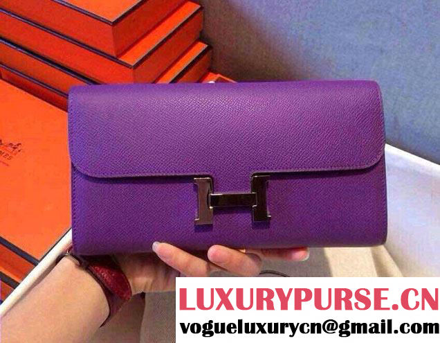 Hermes Epsom Calfskin Constance Long Wallet Clutch Bag Purple 2014