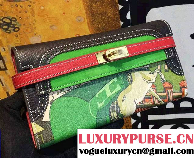 Hermes Kelly Long Wallet Clutch Bag in Original Leather Horse Black/Green 2016