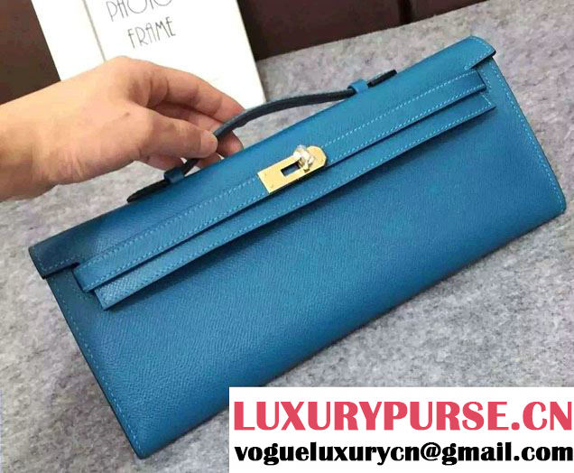 Hermes Original Epsom Leather Kelly Cut Clutch Bag Light Blue 2016