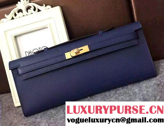 Hermes Original Epsom Leather Kelly Cut Clutch Bag Dark Blue 2016