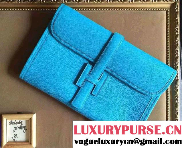 Hermes Jige PM Clutch Bag in Original Togo Leather Turquoise Blue