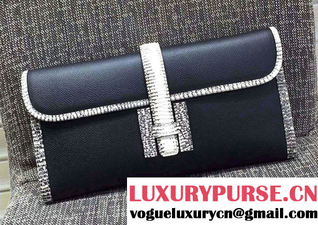 Hermes Jige Elan 29 Clutch Bag in Original Epsom Leather and Lizard Black