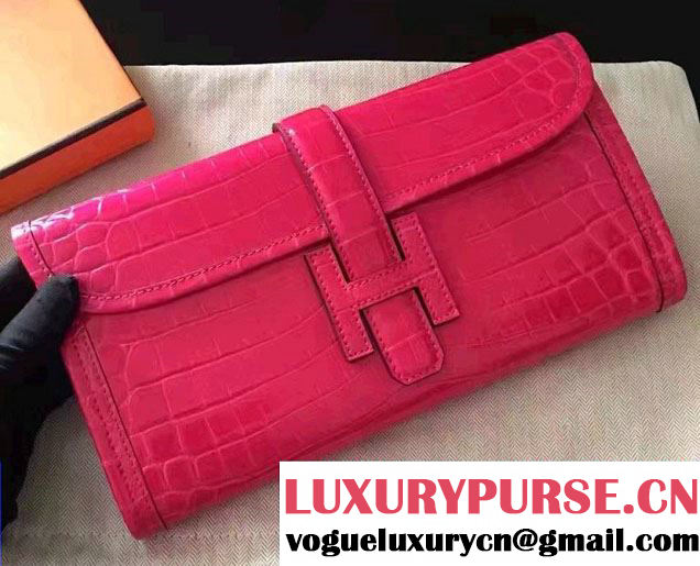 Hermes Jige Elan 29 Clutch Bag in Croco Pattern Leather Fuchsia