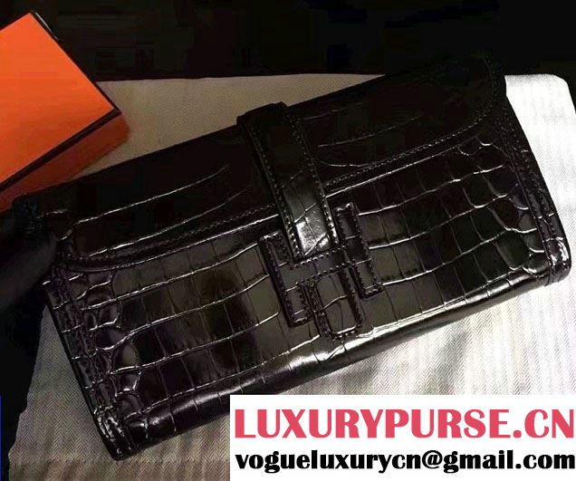 Hermes Jige Elan 29 Clutch Bag in Croco Pattern Leather Black