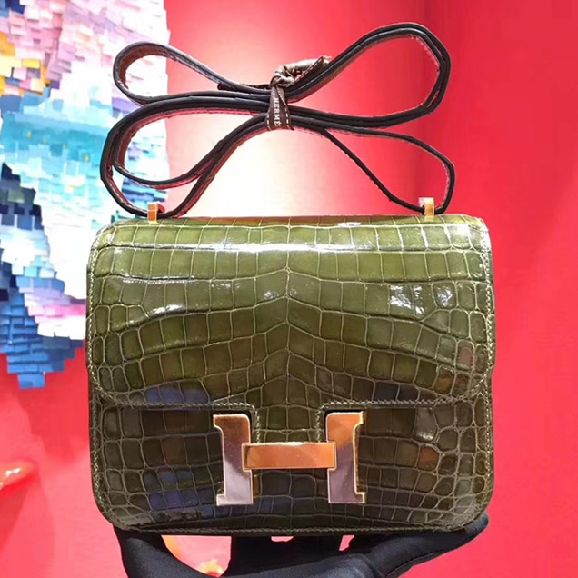 Hermes Constance Bag In Crocodile Leather Dark Green