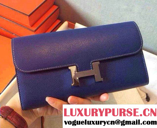 Hermes Epsom Calfskin Constance Long Wallet Clutch Bag Blue 2014