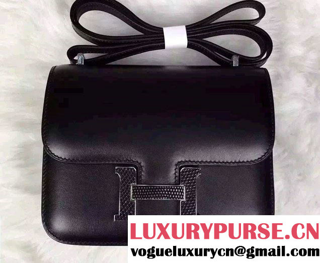 Hermes Original Box Leather Constance 18cm/23cm Bag Black/Lizard Leather Buckle Silver