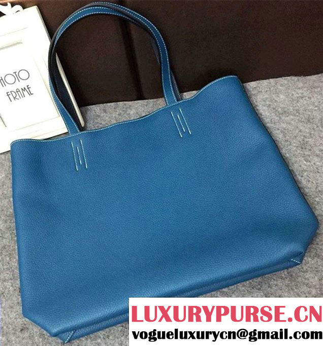 Hermes Double Sens Shopping Tote Bag In Original Togo Leather Dark Blue/Blue