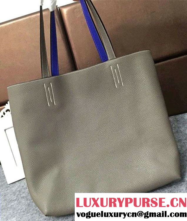 Hermes Double Sens Shopping Tote Bag In Original Togo Leather Light Gary/Blue